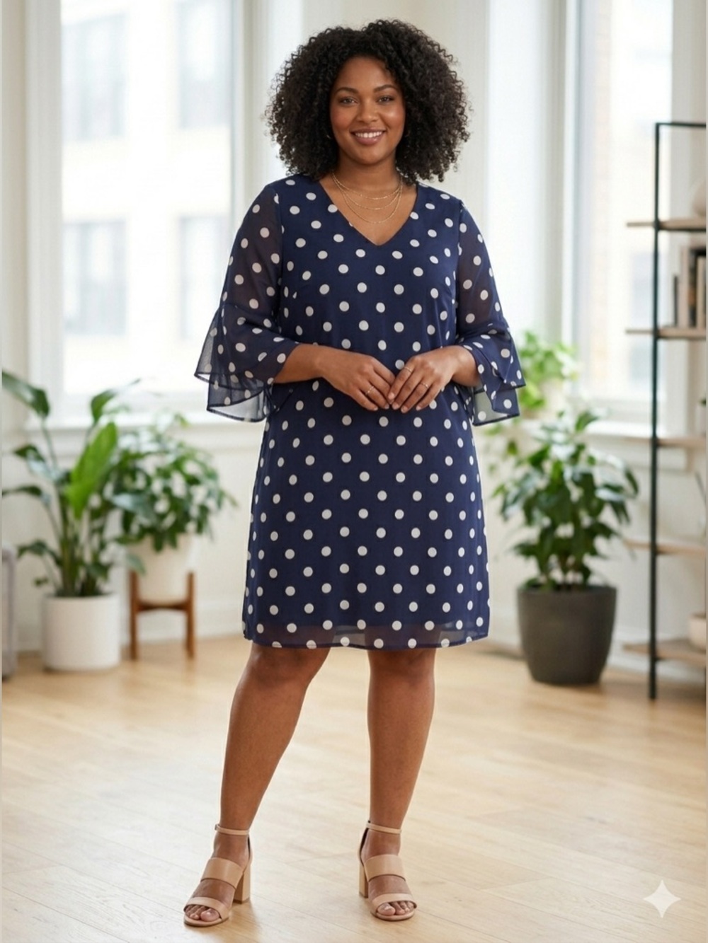 Allison Brittney Navy & White Polka Dot Bell Sleeve Sheath Dress